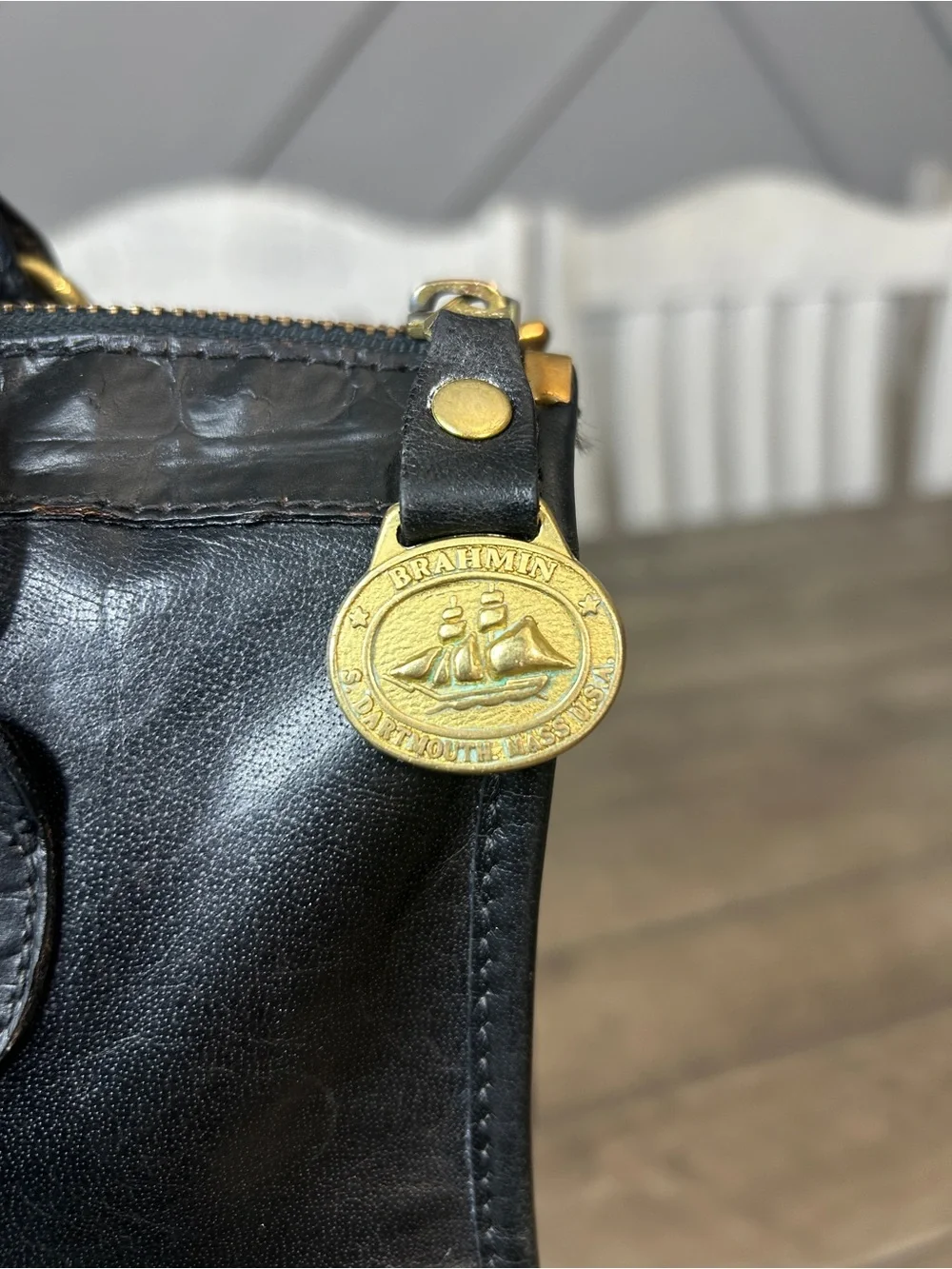 Vintage Brahmin Black Leather Croc Embossed Satchel Bag Ship Key Fob